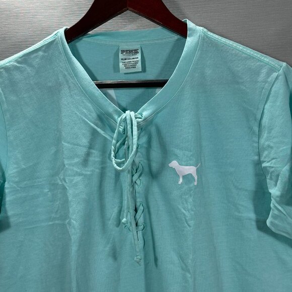 Victorias Secret PINK Top Womens XS Blue Lace Up Neck Tee Short Sleeve Split Hem - Picture 2 of 8